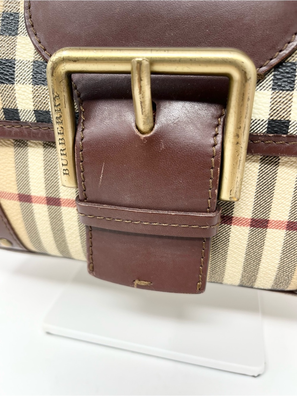 Vintage Vtg Burberry Y2K Haymarket Check Mini Shoulder Bag Beige Brown Leather - Picture 3 of 14